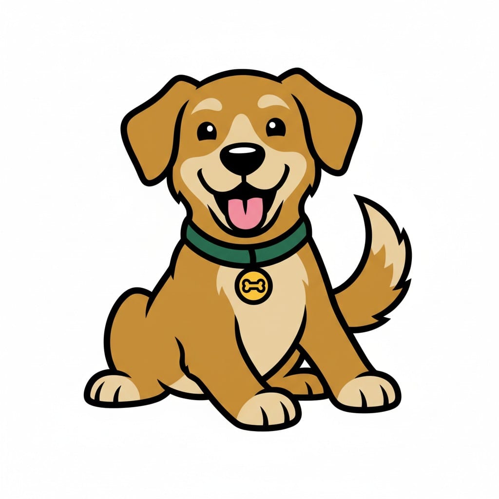 En vänlig tecknad hund sitter med ett grönt halsband och en benbricka.