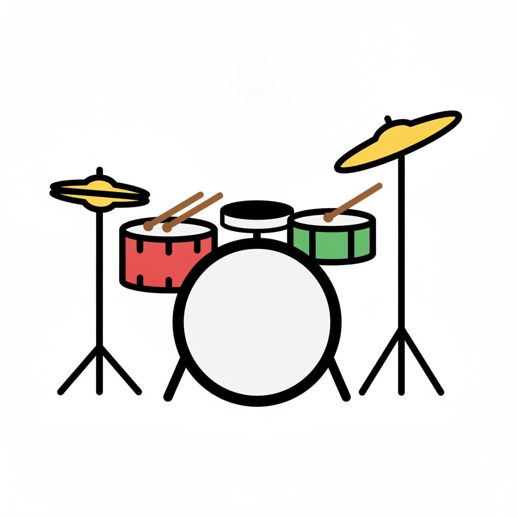 A drum kit with a large bass drum, a red and a green snare drum, two yellow cymbals and two drumsticks.