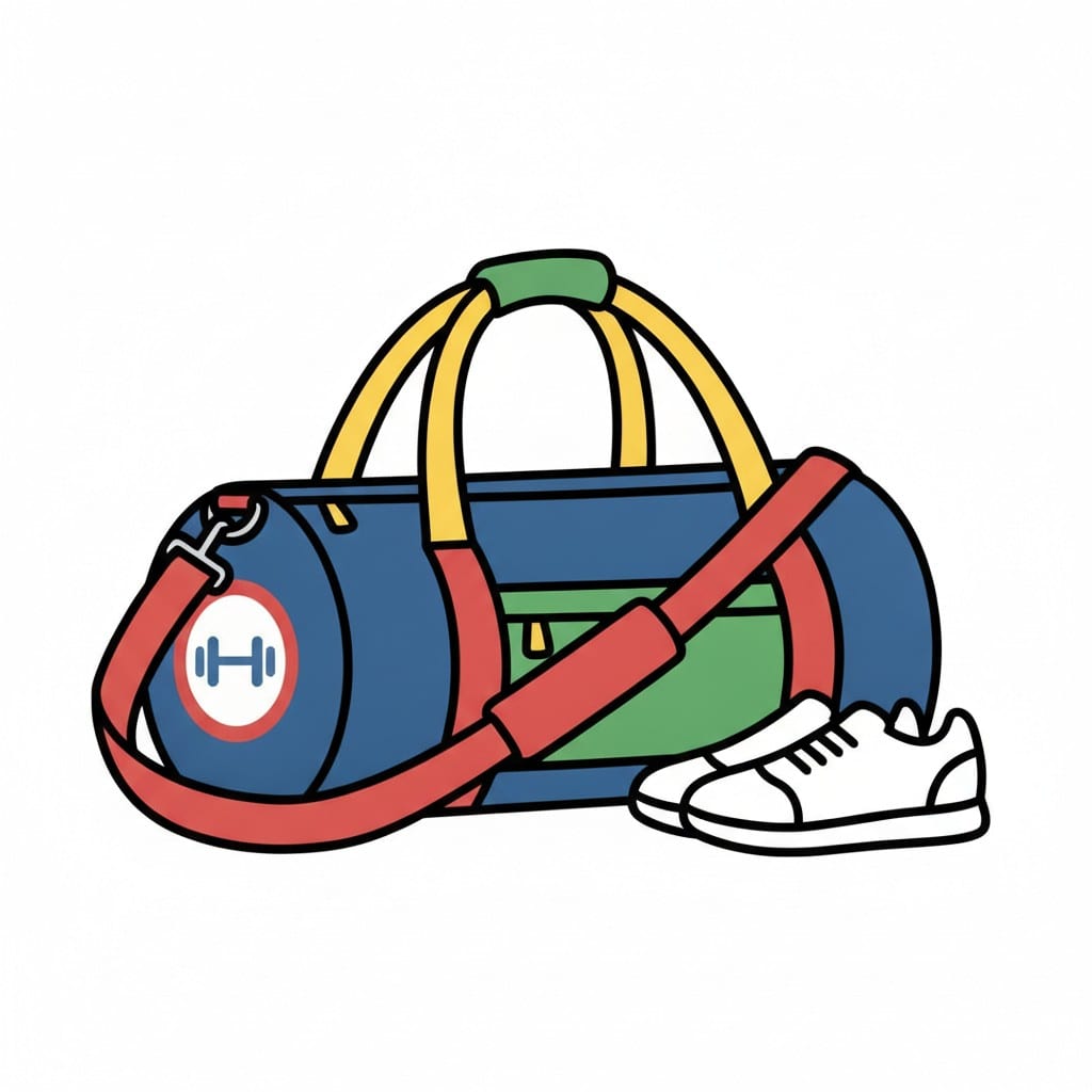 En blå treningsbag med manualmerke og et par hvite joggesko.