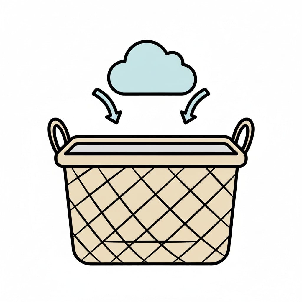 Een lege beige wasmand met een blauwe wolk en twee pijlen erboven.
