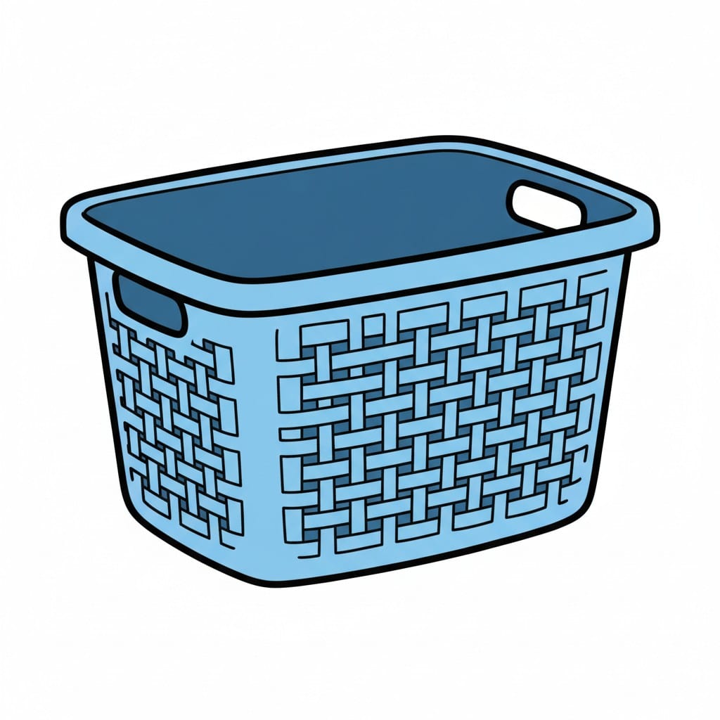 Een lege blauwe plastic wasmand.
