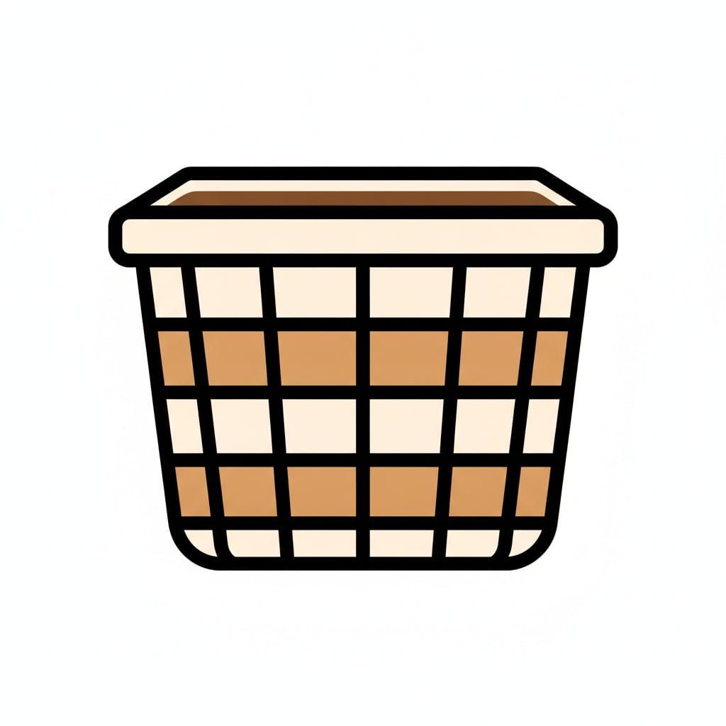 Een lege beige gevlochten wasmand.
