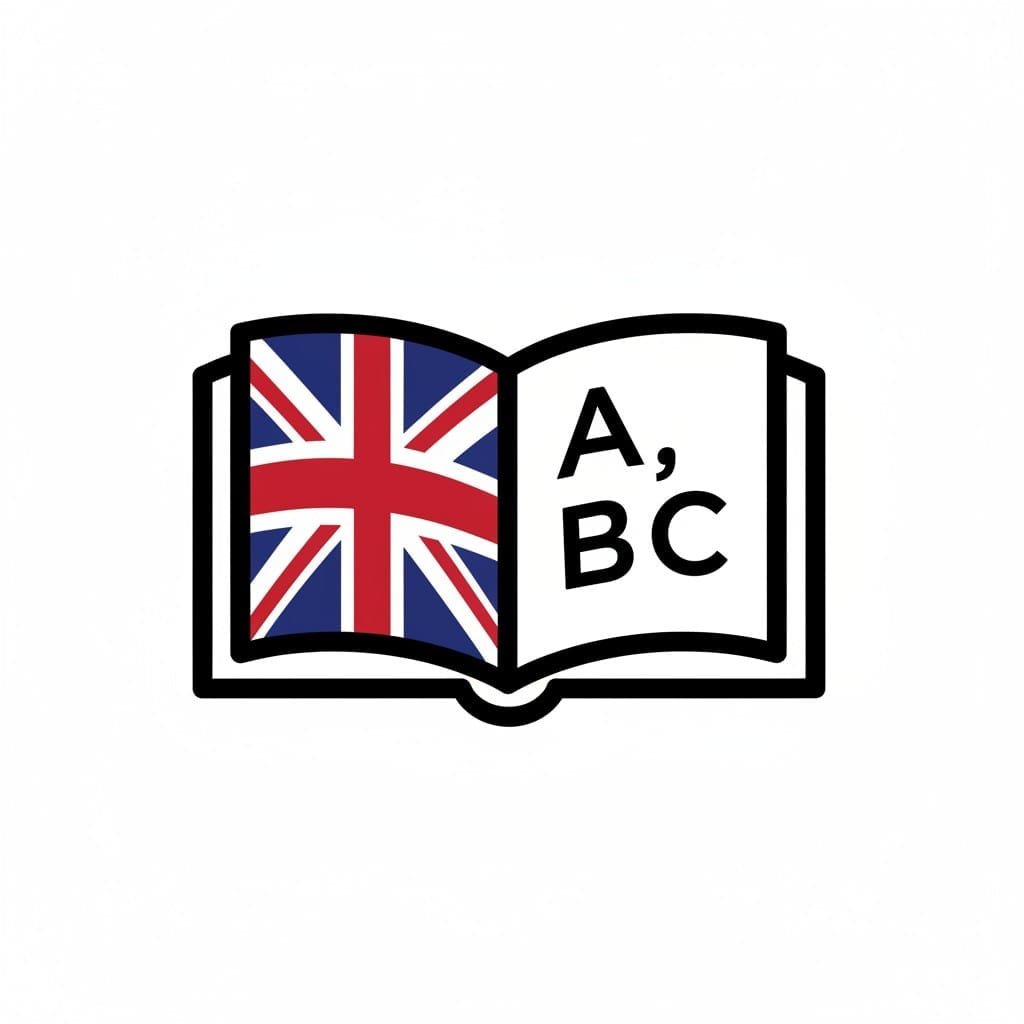 Een opengeslagen boek. Op de linkerbladzijde staat de vlag van het Verenigd Koninkrijk en op de rechter de letters A, BC.