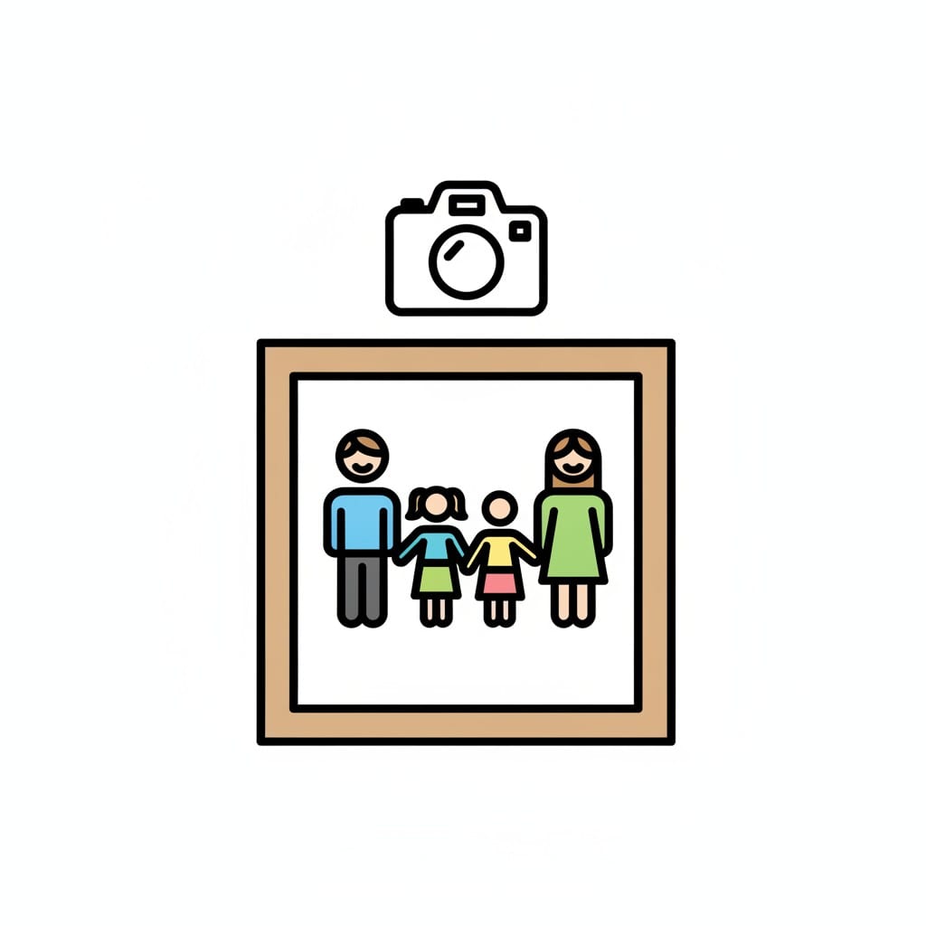 Een camera boven een ingelijste foto van een gezin met twee volwassenen en twee kinderen.
