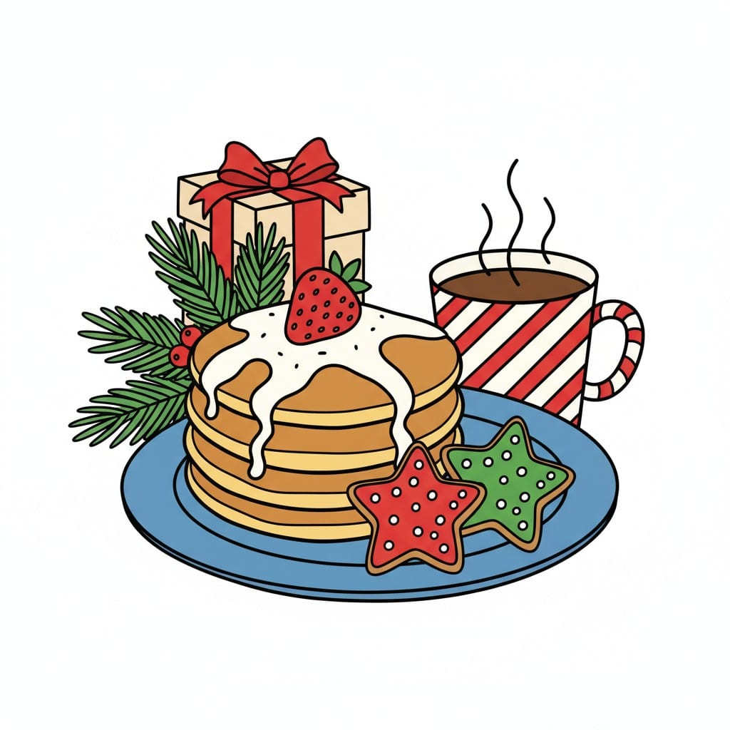 Een bord met pannenkoeken en sterkoekjes naast een dampende mok en een ingepakt cadeau met dennentakjes.