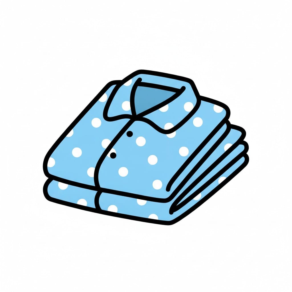 Een opgevouwen lichtblauwe pyjama met witte stippen, een kraag en knopen, met de broek eronder opgevouwen.