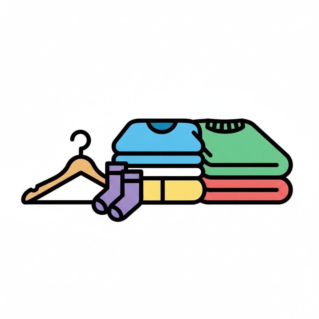 Stacks of folded sweaters, a pair of socks and a hanger.