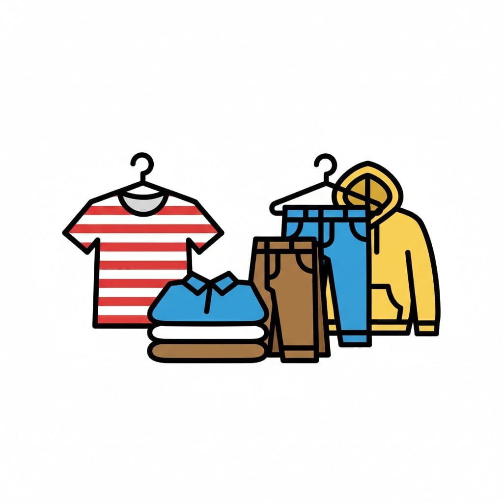 Een gestreept T-shirt op een hangertje, een blauw poloshirt, een stapel opgevouwen kleren, een spijkerbroek en een gele hoodie op een hangertje.