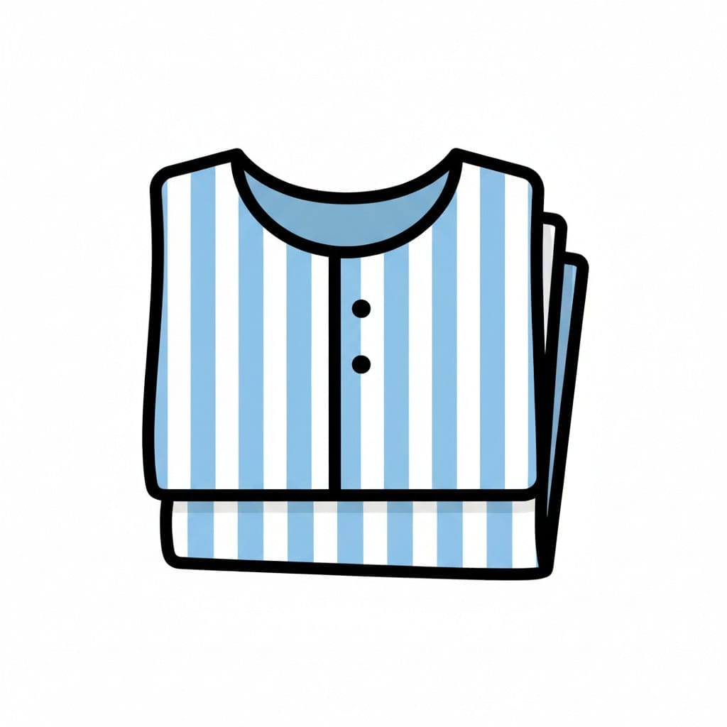 Een netjes opgevouwen lichtblauw gestreepte pyjamaset met twee knoopjes bij de hals.