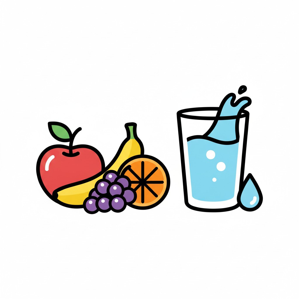 Omena, banaani, viinirypäleitä, appelsiini ja vesilasi.