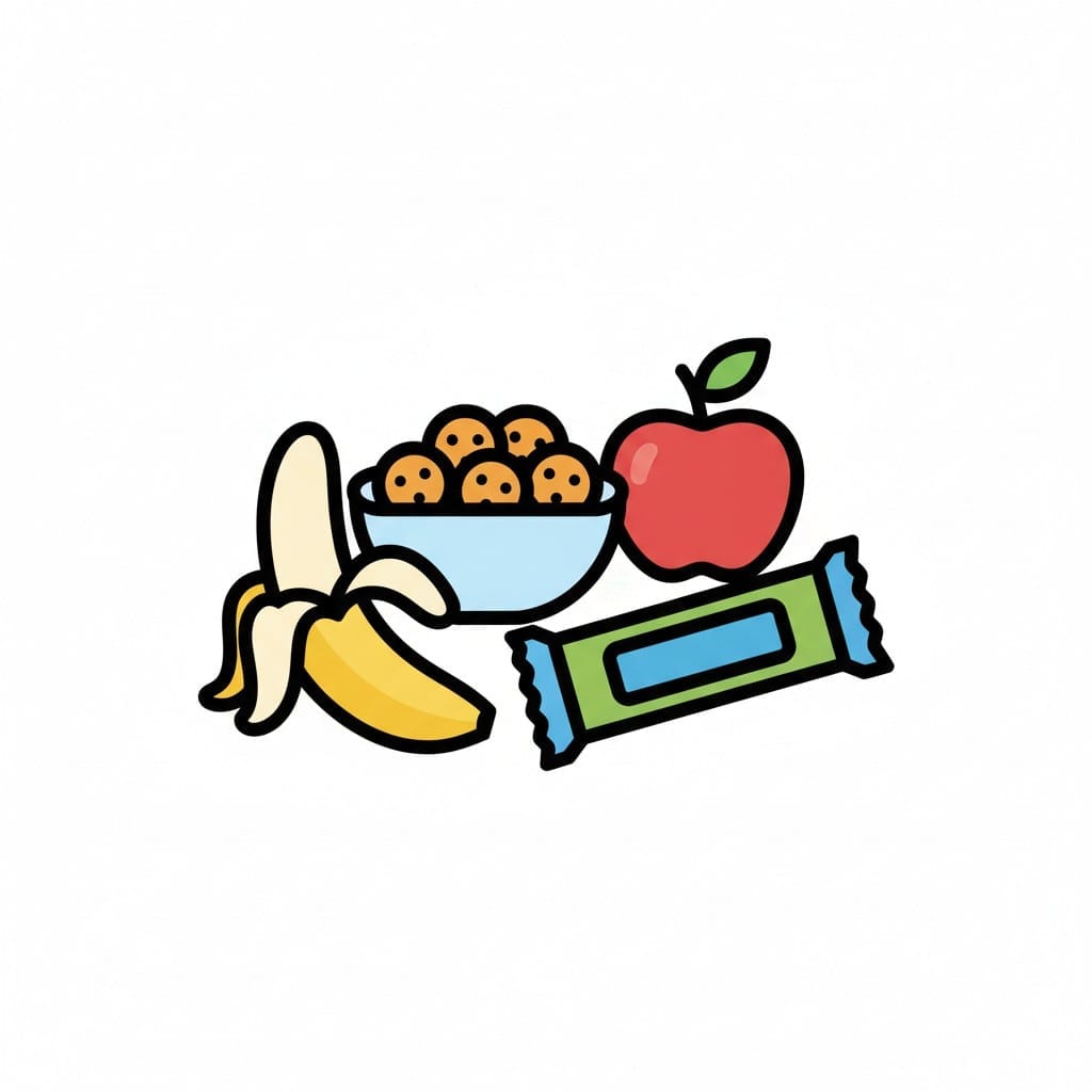 Een banaan, een schaaltje met kleine ronde hapjes, een rode appel en een groene reep.