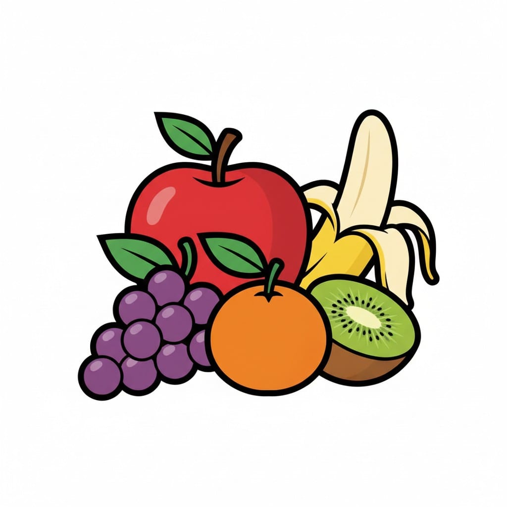 Een tekening van verschillend fruit: een rode appel, blauwe druiven, een sinaasappel, een gepelde banaan en een halve kiwi.