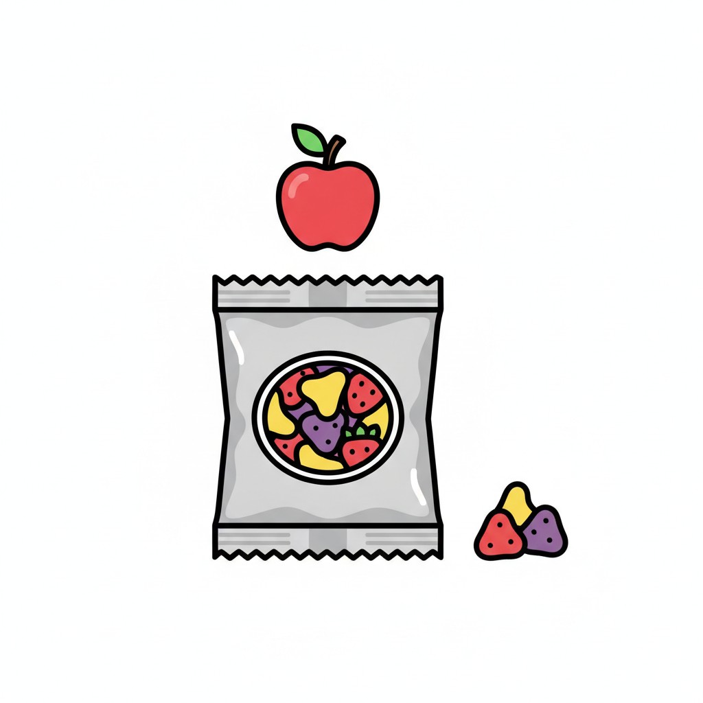 Een zakje gedroogd fruit met een appel erboven.