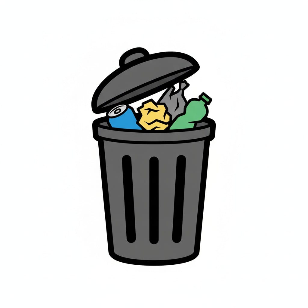 A black trash can full of rubbish with the lid raised.
