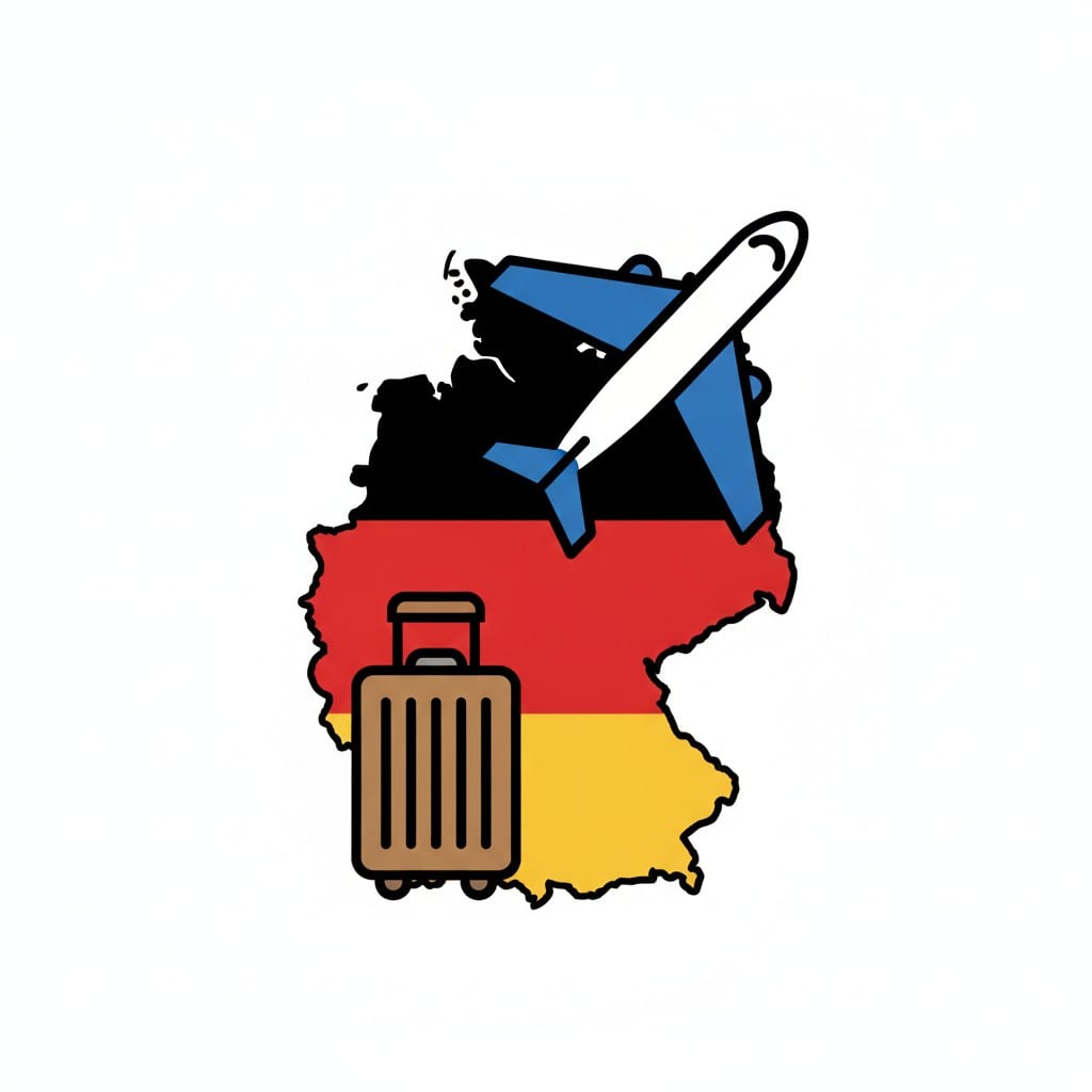A map of Germany in the colors of the flag with an airplane and a suitcase.