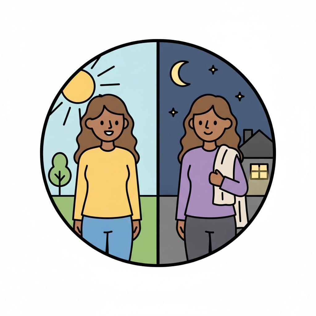 A round picture split in two: a girl in the afternoon sun and the same girl holding a towel once evening has come.
