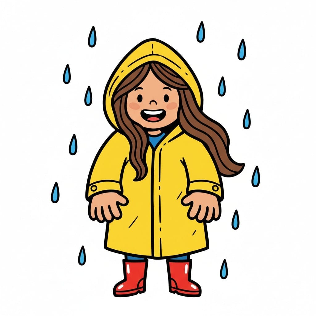 Een lachend meisje in een gele regenjas en rode regenlaarzen, met regendruppels die om haar heen vallen.