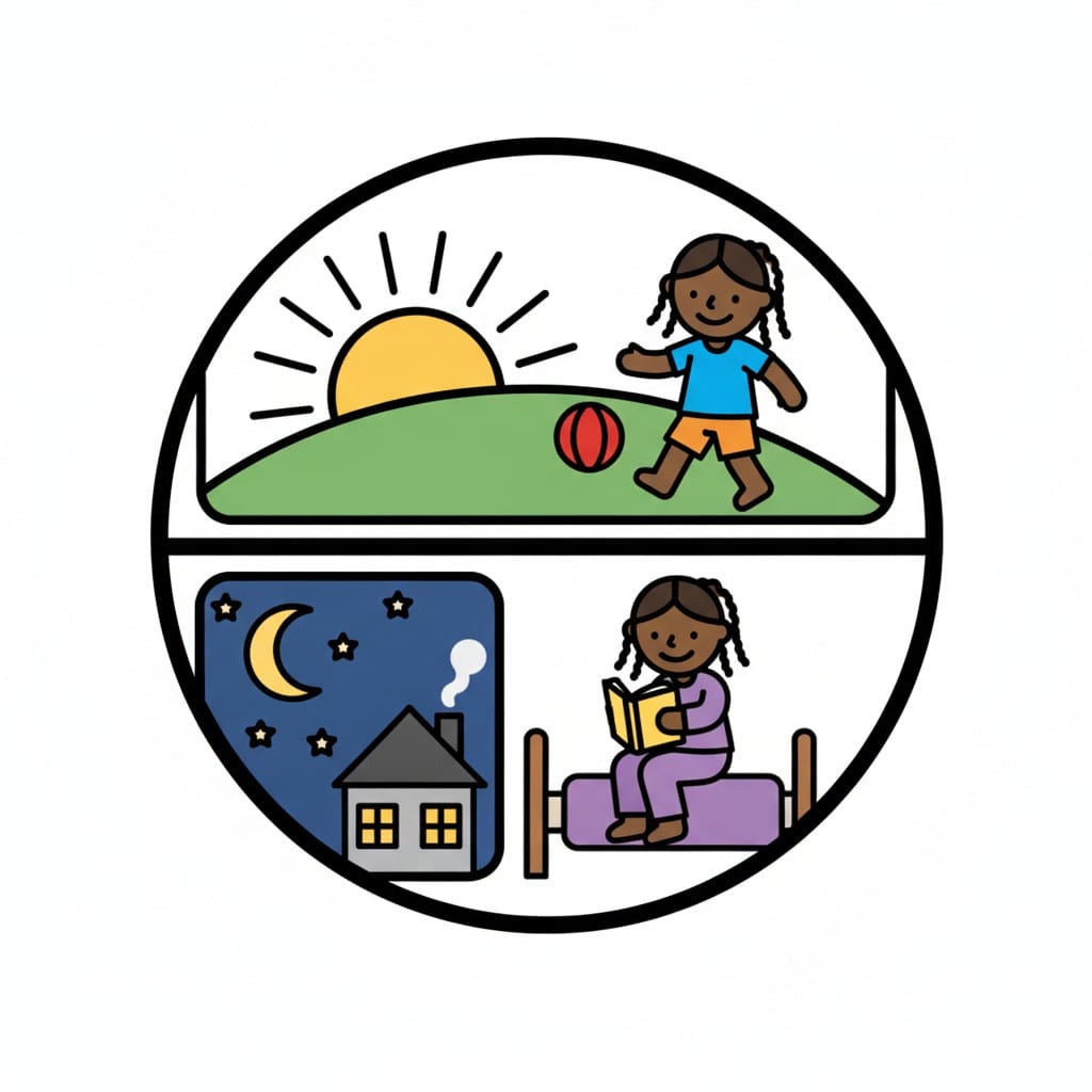 At the top a girl plays with a ball in the sun, at the bottom she reads a book in bed after dark.