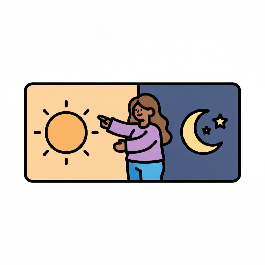 A girl points from a sun on a light background toward a moon on a dark blue background.