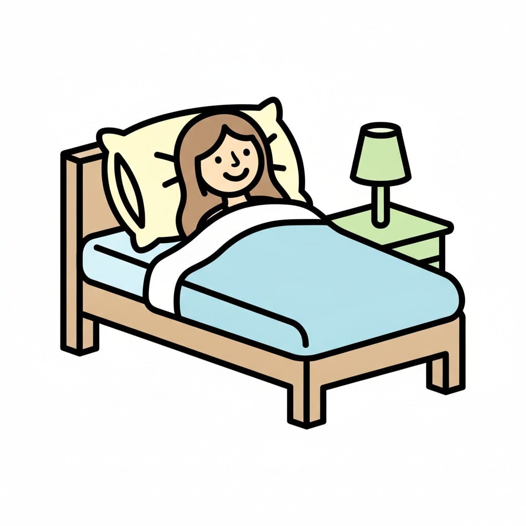 Een meisje ligt tevreden in bed onder de dekens met een nachtlampje in de buurt.