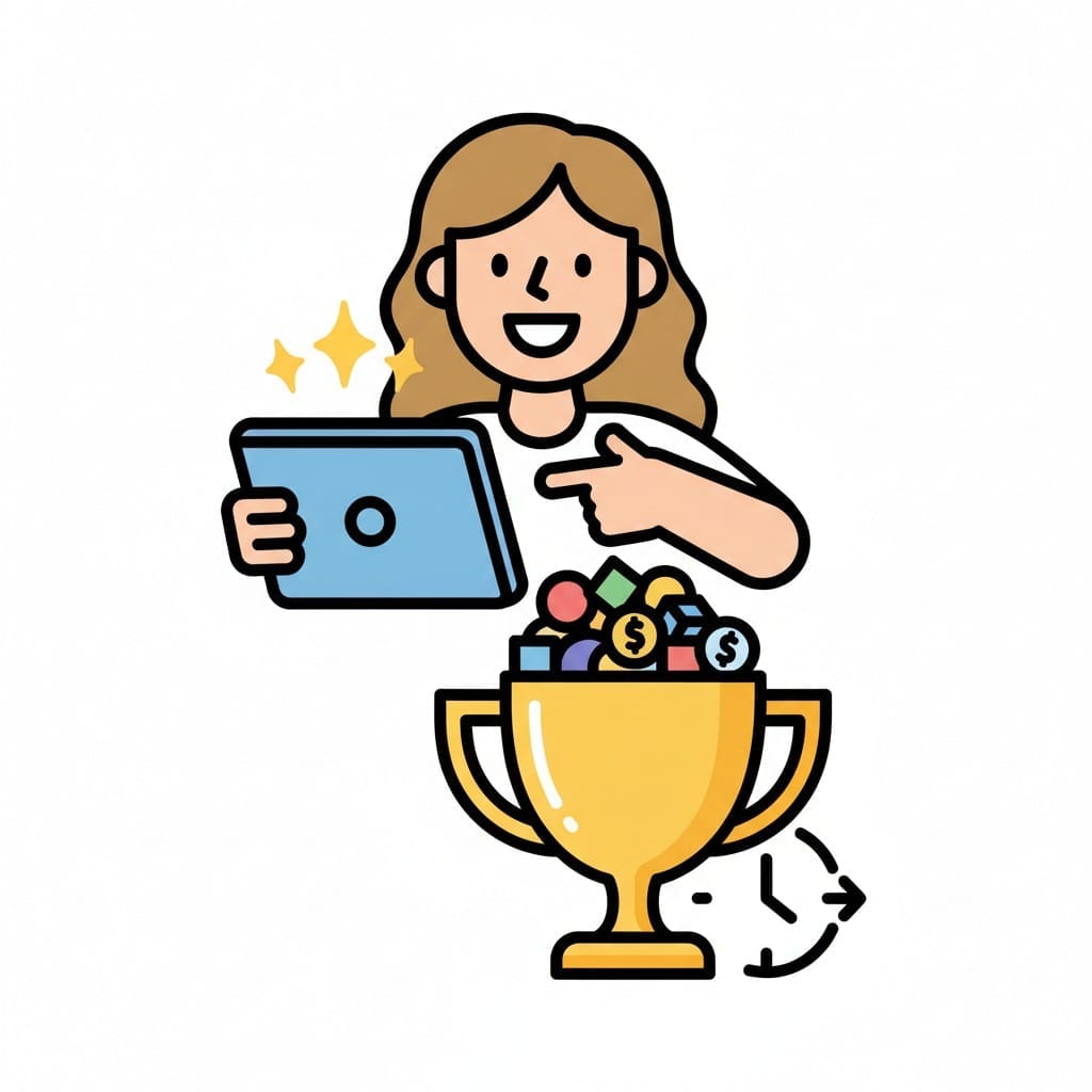 A girl points at a tablet above a trophy filled with tokens as a reward.
