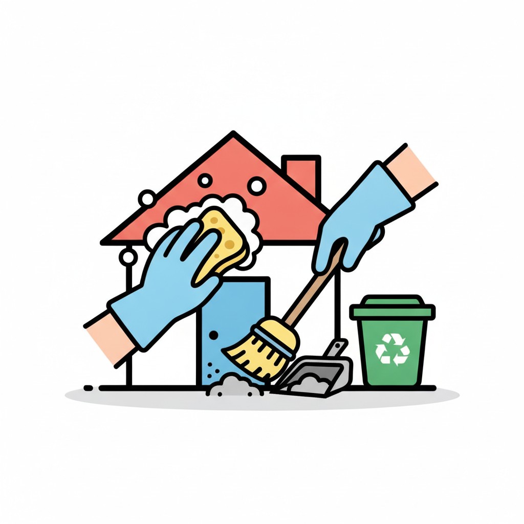 Twee handen in blauwe handschoenen wassen een huis met een spons, naast een bezem, een blik en een recyclingbak.