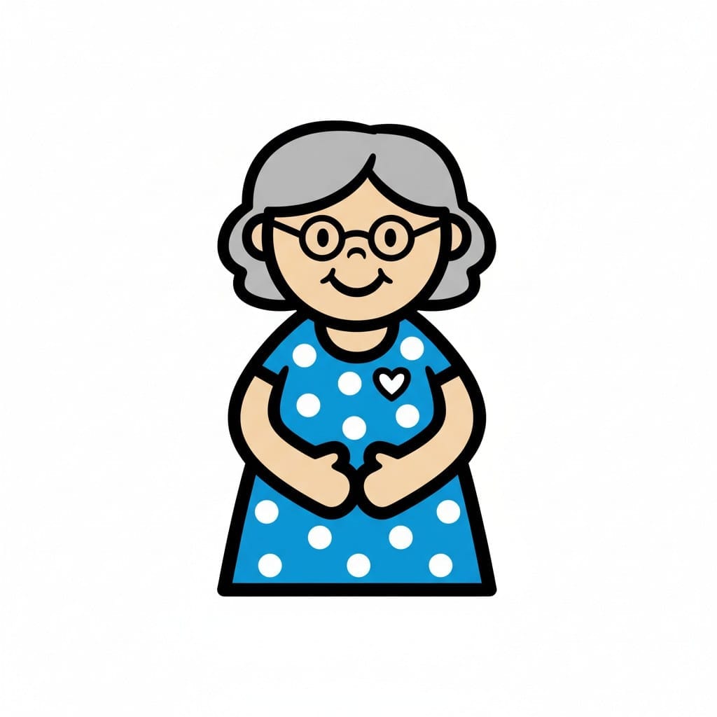 Een vrouw met grijs haar en een bril, in een blauwe jurk met witte stippen en een klein hartje op haar borst.