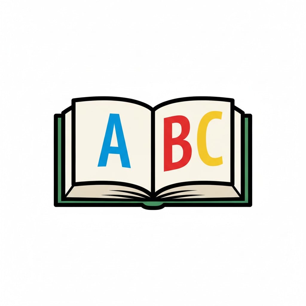 An open book with green covers showing the letters A, B and C in blue, red and yellow.