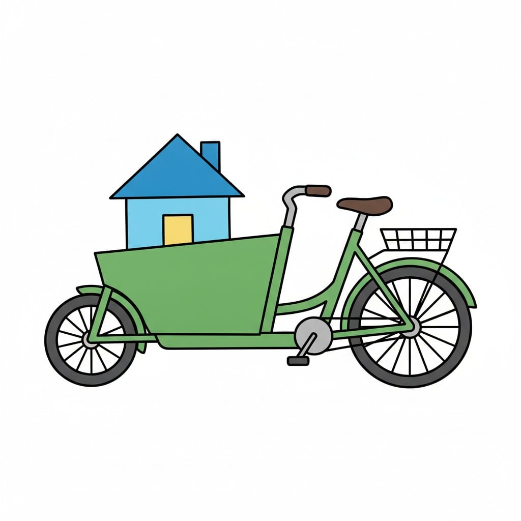 Ein grünes Lastenrad vor einem Haus.