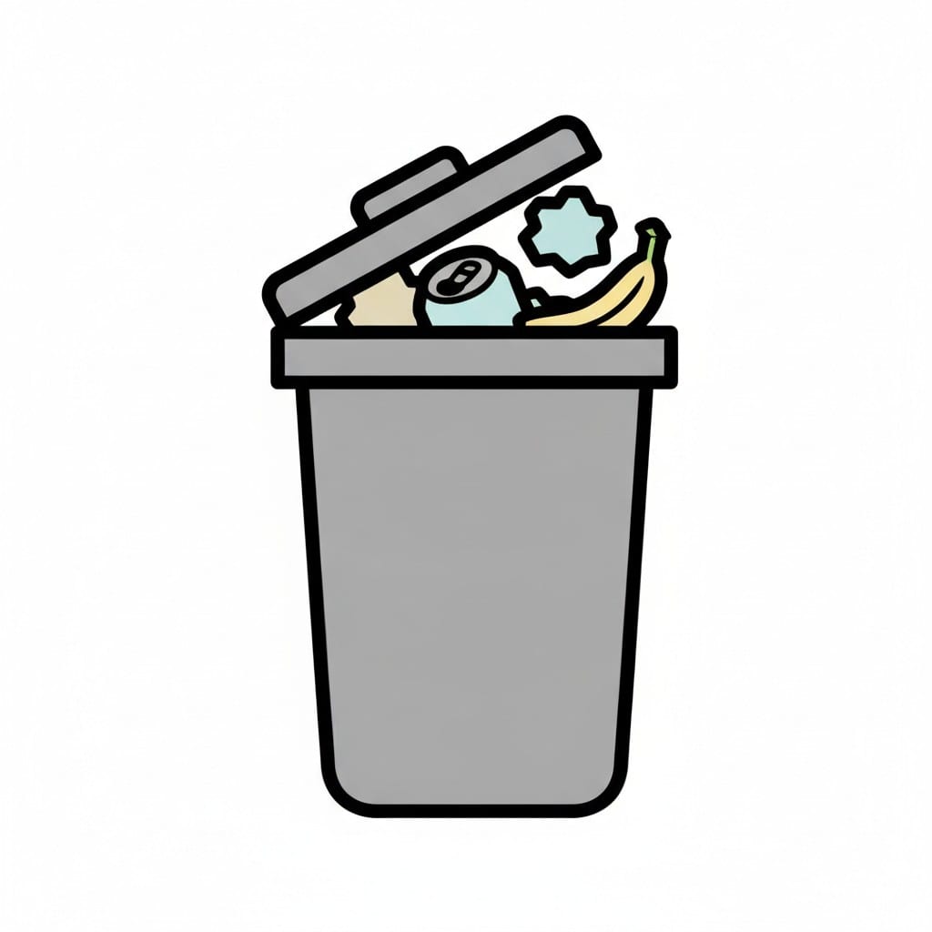 A grey bin with rubbish and a banana peel sticking out.