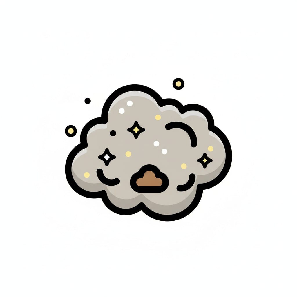 Een grijze stofwolk met kleine glinsterende deeltjes en een klein bruin klompje vuil in het midden.