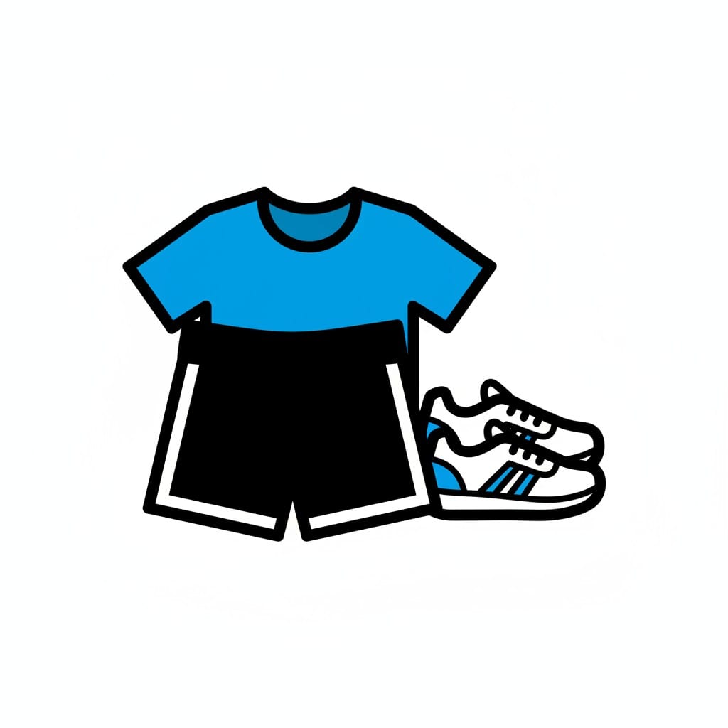 Een blauw T-shirt, een zwarte short en wit met blauwe sportschoenen liggen netjes klaar.