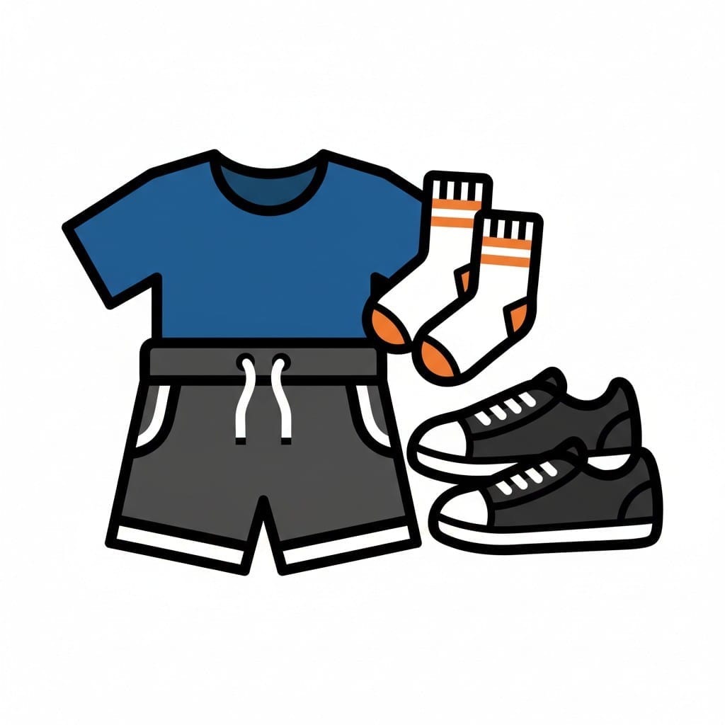 Een blauw T-shirt, een grijze short, wit met oranje gestreepte sokken en zwarte sportschoenen liggen netjes klaar.