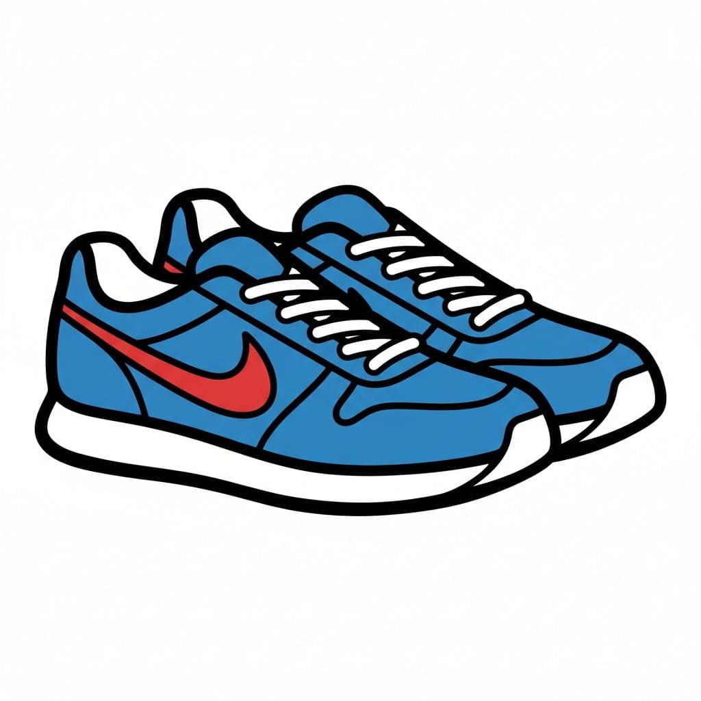 Een paar blauw met rode gymschoenen.