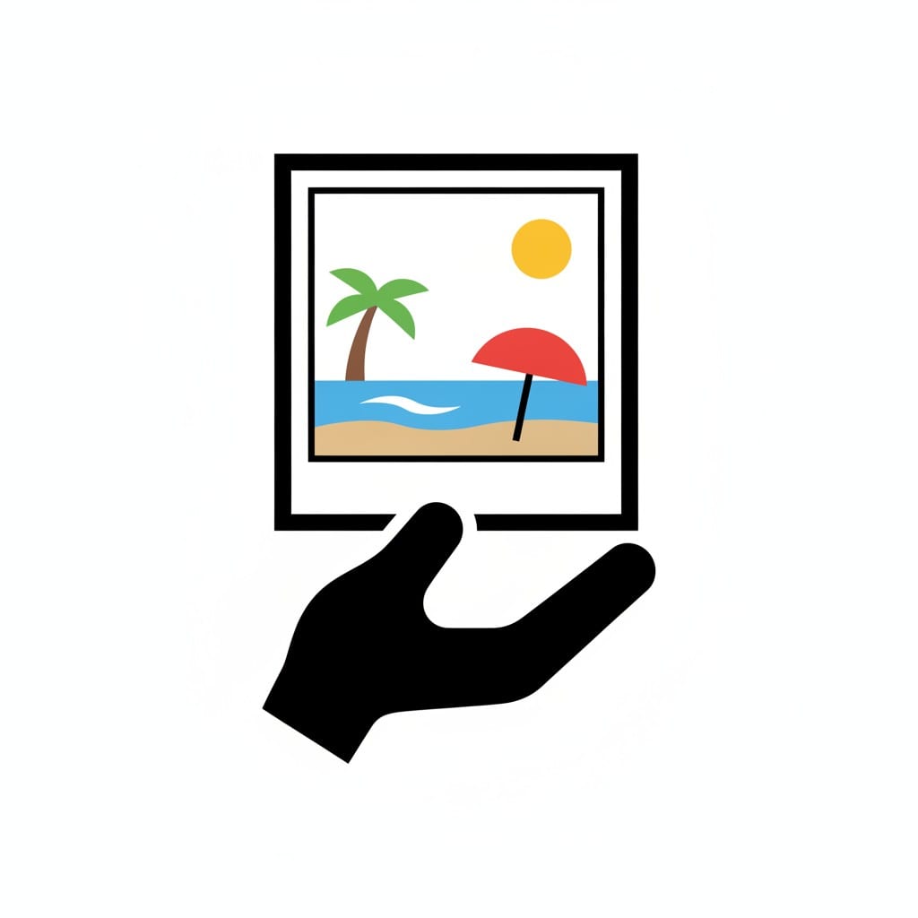Een hand houdt een foto omhoog van een strand met een palmboom, een parasol en de zon.