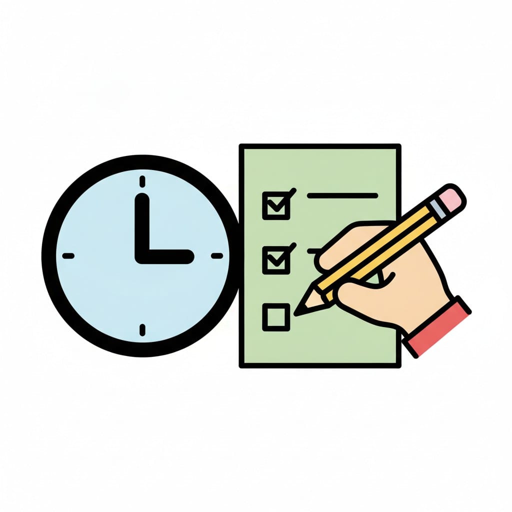 A hand with a pencil ticks boxes on a green checklist beside a light blue wall clock.