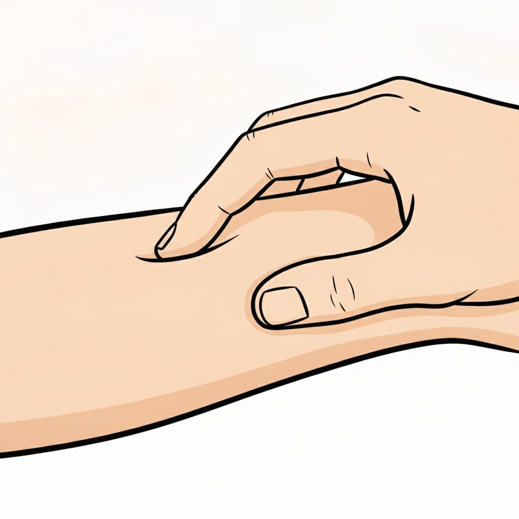 Een hand raakt de huid van een onderarm aan.