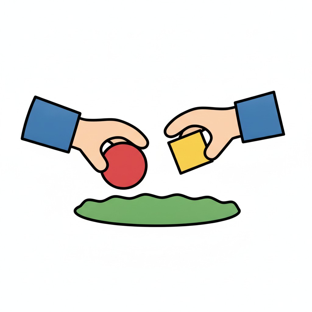 Twee handen houden een rode bal en een geel blok boven een groene mat.