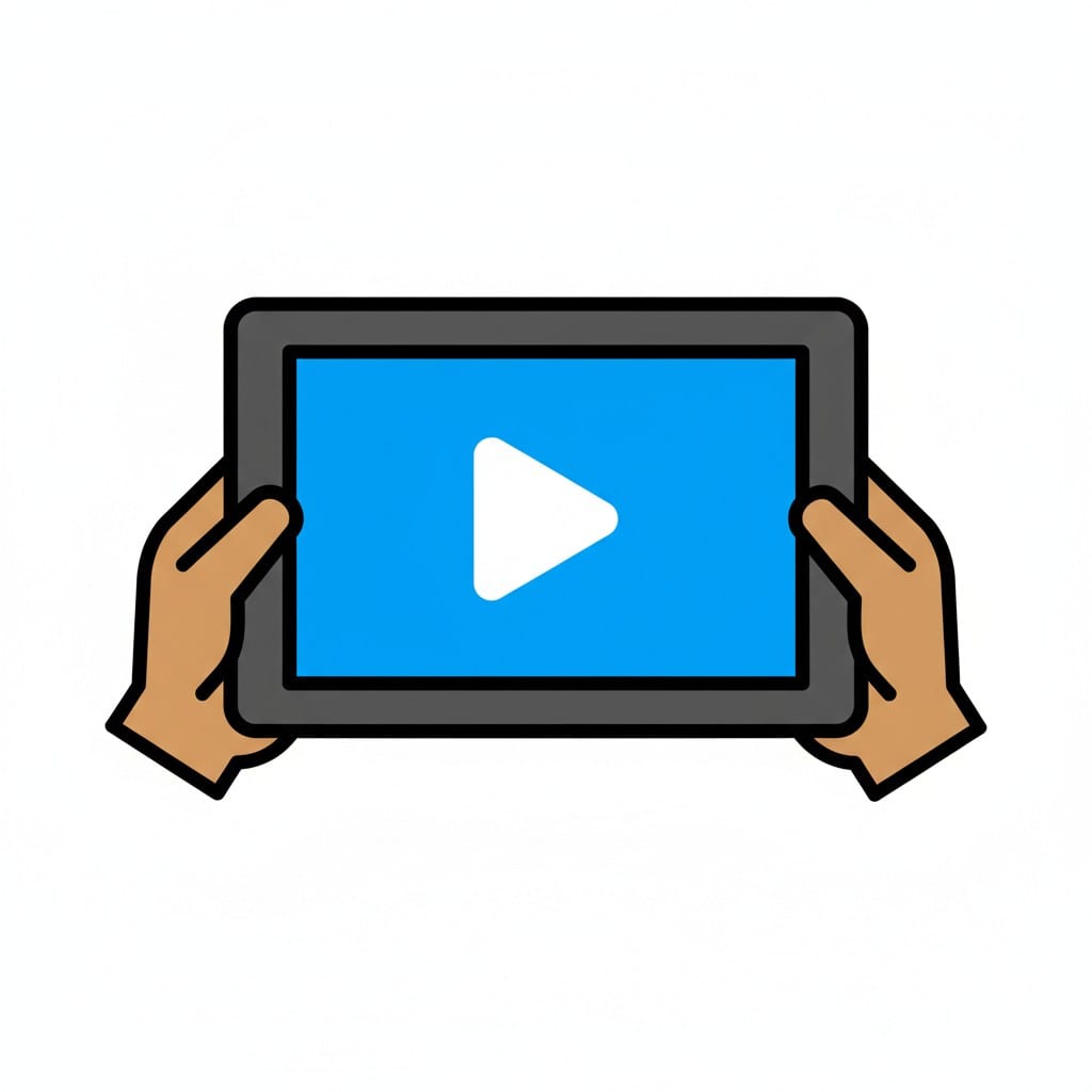 Twee handen houden een tablet vast met een blauw scherm en een witte afspeelknop.