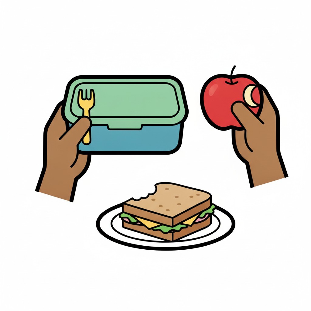 Twee handen houden een lunchtrommel met vork en een appel vast, met een boterham op een bord eronder.