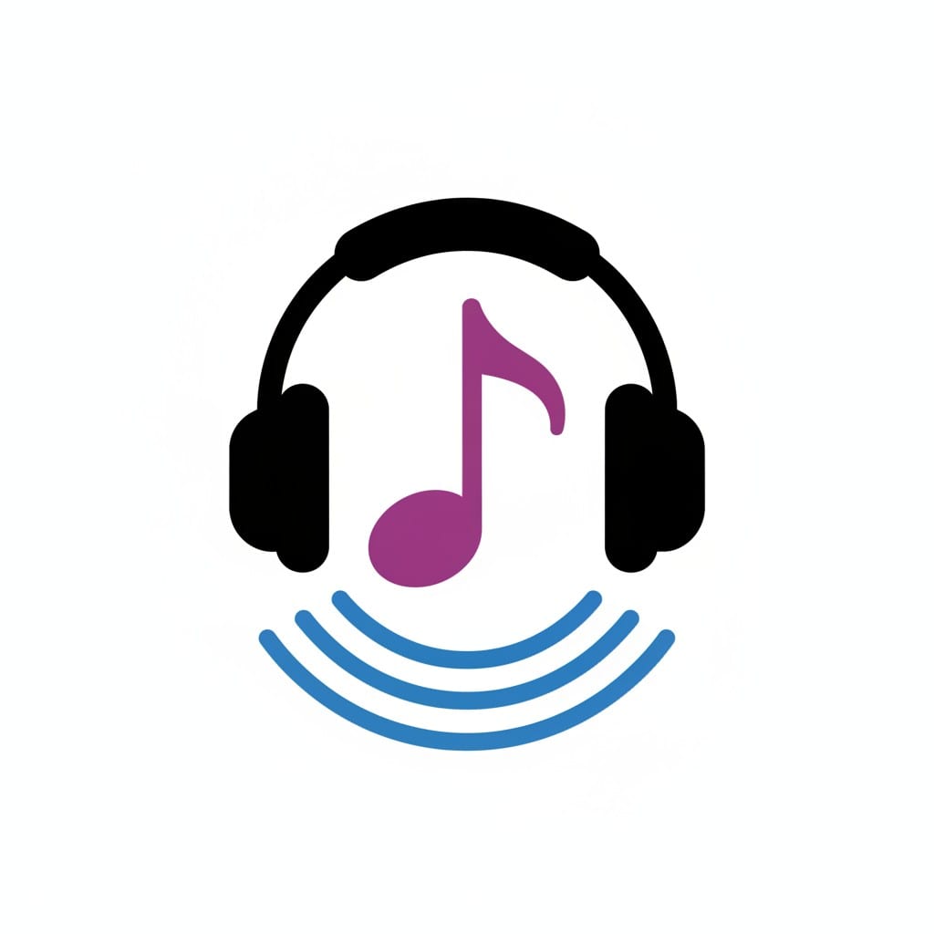 Een zwarte koptelefoon met een paarse muzieknoot in het midden en blauwe geluidsgolven eronder.