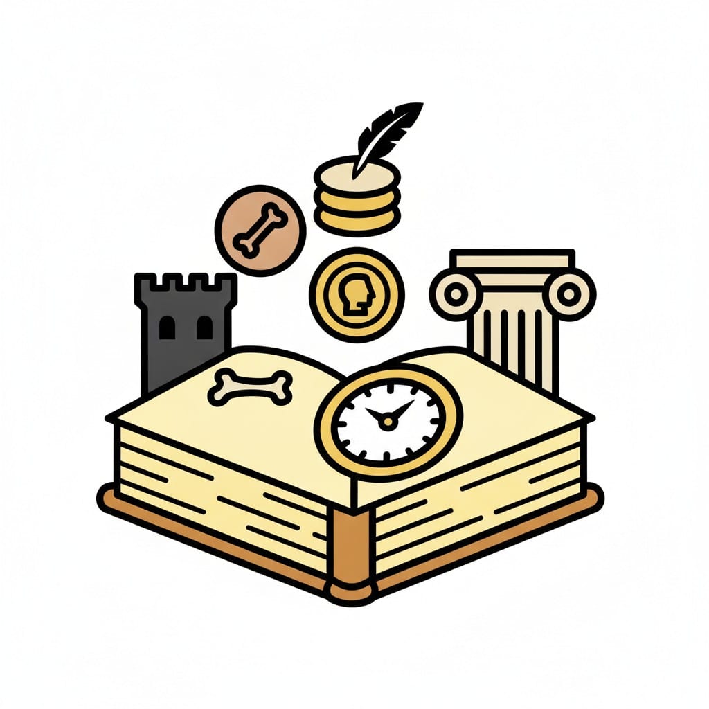 An open book surrounded by a castle, a bone, gold coins with a quill, a column and a pocket watch.