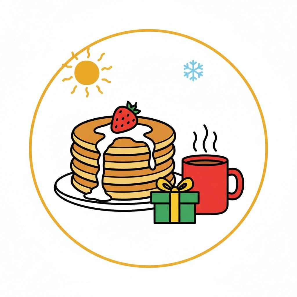 En tallrik med pannkakor och en jordgubbe bredvid en ångande mugg och en inslagen present.