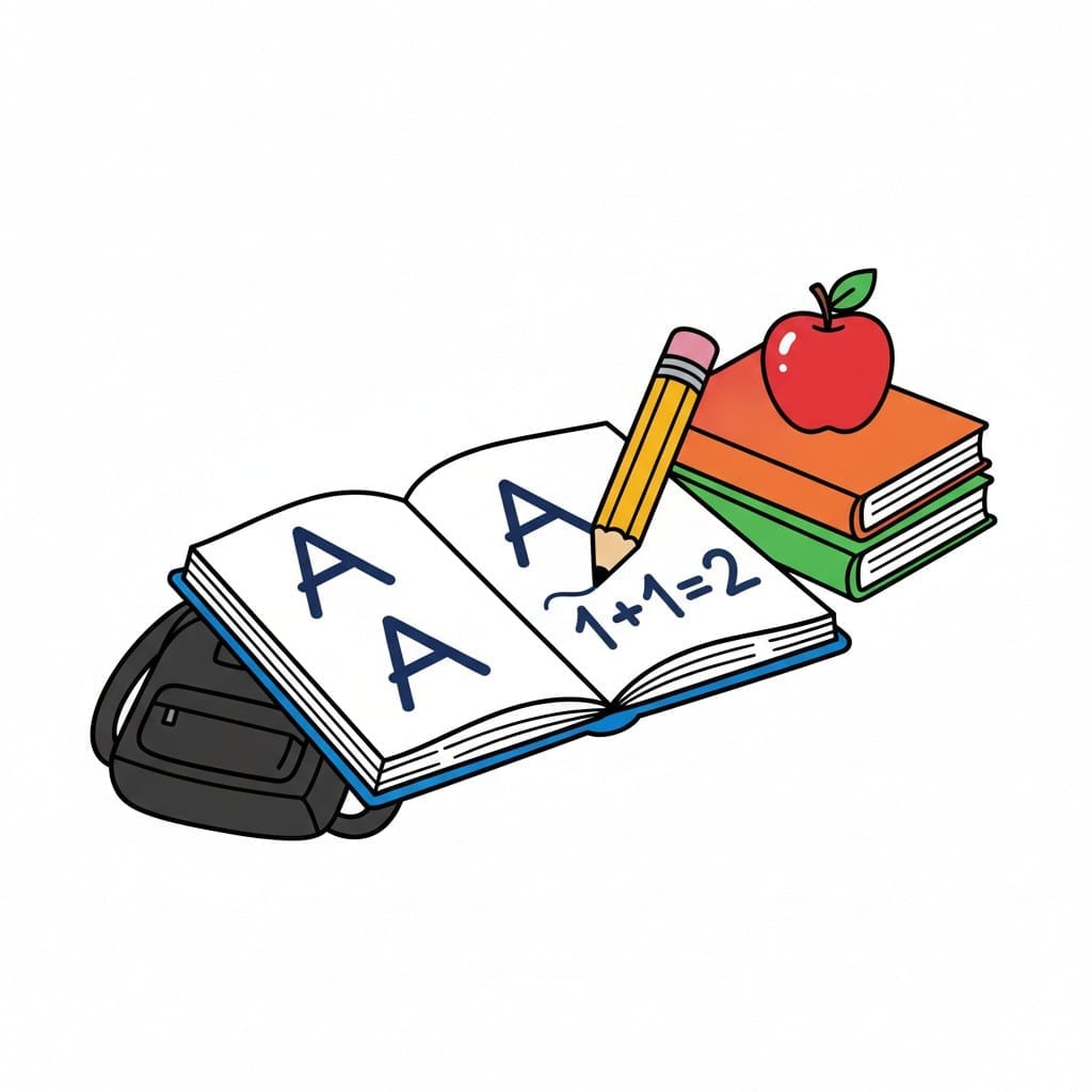 An open book with letters, a math problem, and a pencil, alongside a backpack, books, and an apple.