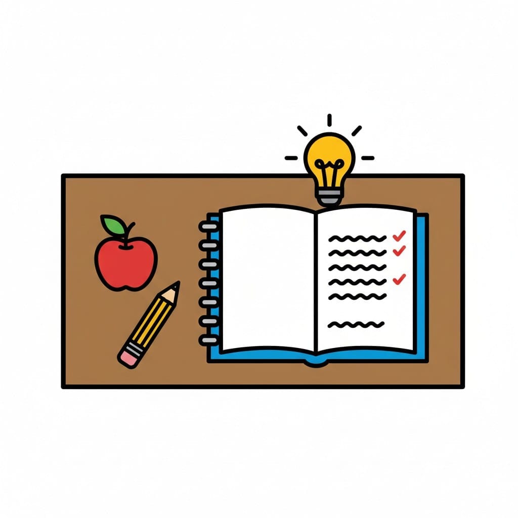 A desk with an open notebook, pencil, apple, and a lightbulb.