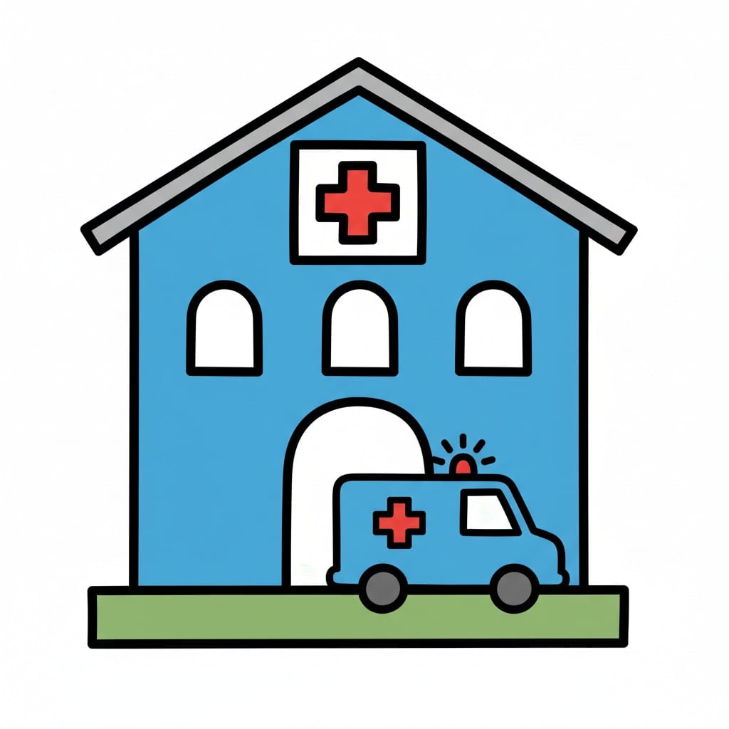 Een tekening van een blauw ziekenhuisgebouw met een rood kruis en een ambulance die ervoor staat.