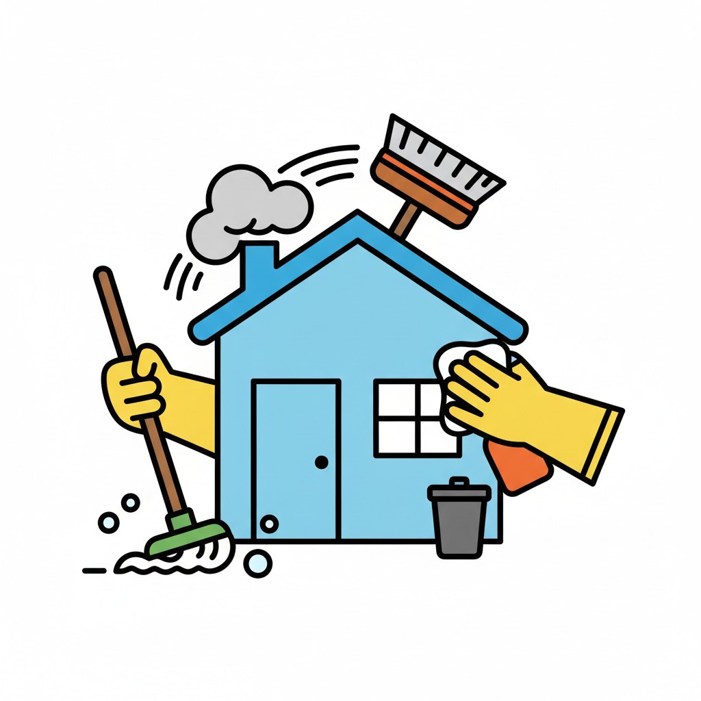 Een huis omringd door een mop, een borstel, een hand met spons in een gele handschoen en een vuilniszak.