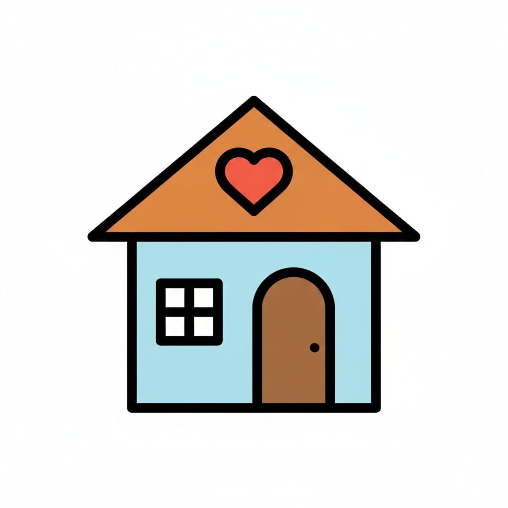 Een lichtblauw huis met een hart op het oranje dak.