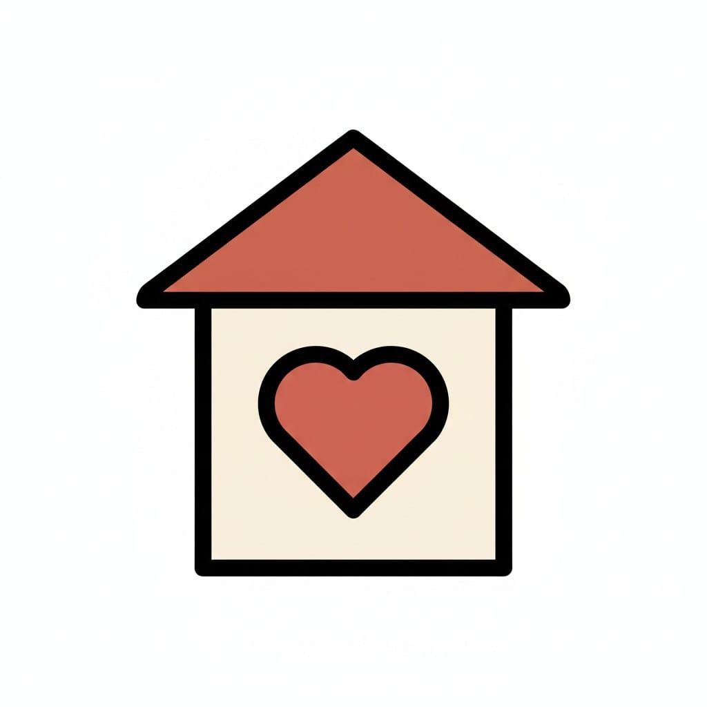 Een eenvoudig huis met een rood dak en een groot hart midden op de muur.
