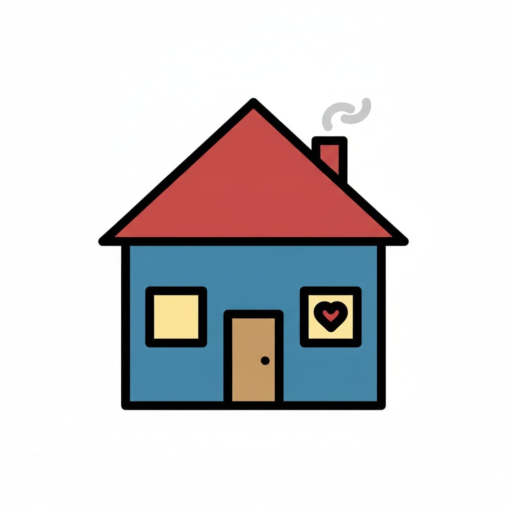 Een blauw huis met een rood dak, een schoorsteen en een hart in het raam.